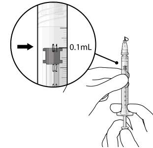 Slowly push the plunger rod until all air is expelled
from the syringe and needle and the uppermost edge of the black plunger tip is
aligned with the 0.1 mL dose mark - Illustration