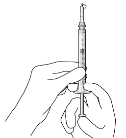 Slowly push the plunger rod just until all air is
expelled from the syringe and needle - Illustration