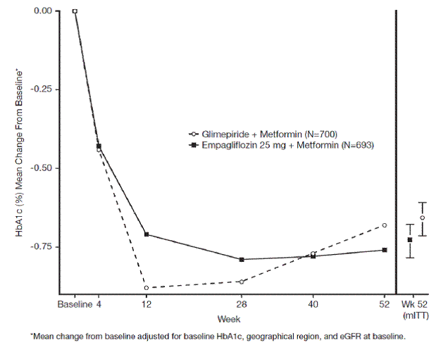 Adjusted mean HbA1c Change at Each Time
Point (Completers) and at Week 52 Illustration