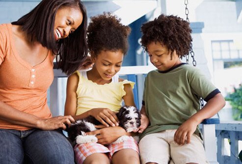 Mom and Daughters Petting Puppy.