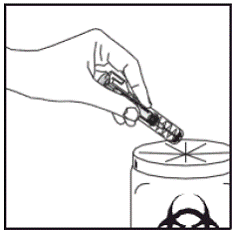 Slowly let go of the plunger and allow the empty syringe to move up inside the device until the entire needle is guarded - Illustration