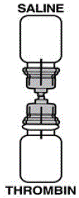 Invert the vial of diluent and insert the clear end of the transfer device into the diaphragm of the
THROMBIN-JMI container - Illustration