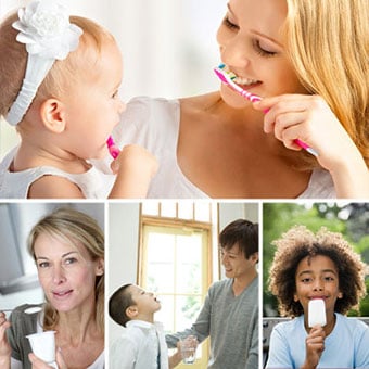 A mother and daughter brush their teeth; a woman eats yogurt; a boy rinses his mouth; and a boy eats a Popsicle.