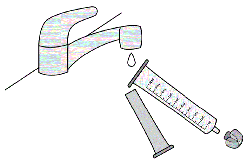 Rinse the oral syringe barrel, plunger, and syringe tip cap - Illustration