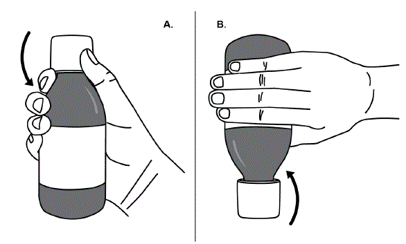 Gently shake the bottle for at least 30 seconds by continuously turning the bottle up and down until the TIGLUTIK suspension is mixed well - Illustration