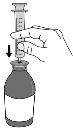 Insert the 10 mL oral syringe into the opening of the bottle adapter until the oral syringe is firmly in place - Illustration