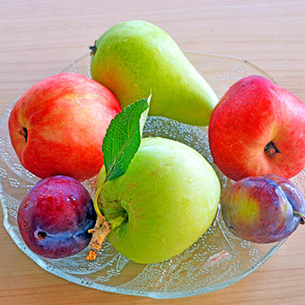 A plate of pears, plums and apples.