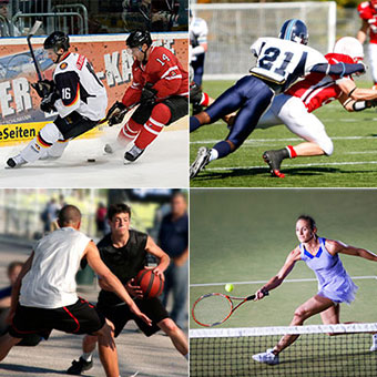 Sports of hockey, football, basketball, and tennis.
