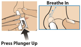 As you slowly breathe through your nose, firmly press the
plunger all the way up to release the dose  - Illustration