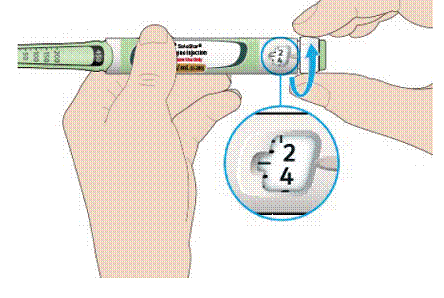 Select 3 units by turning the dose selector until
the dose pointer is at the mark between 2 and 4 - Illustration