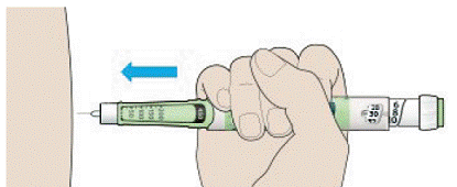 Push the needle into your skin as shown by your
healthcare provider - Illustration