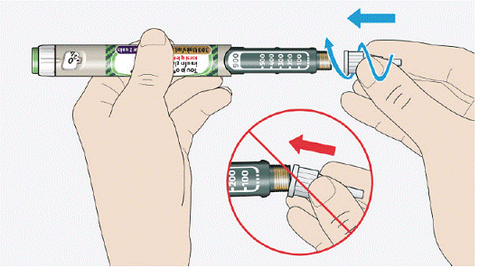 Keep the needle straight and screw it onto the pen
until fixed - Illustration