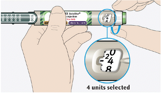 Select 4 units by turning the dose selector  - Illustration