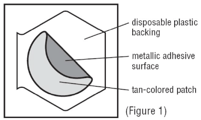 An imprinted, tan backing membrane with a
metallic (silver) sticky surface is adhered to a clear, disposable release liner - Illustration