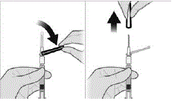 Pull back on the safety cover towards the syringe and away from the 21-gauge needle. Then pull the clear needle shield off - Illustration