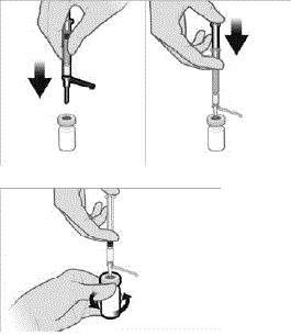 Insert the 21-gauge needle to inject the Sterile Water diluent into the vial. Do not release the plunger rod. Gently swirl the vial ensuring the diluent rinses the sides of the vial - Illustration