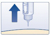 Keep the dose button pressed down and make sure that you keep the needle under the skin for a full count of 6 seconds to make sure the full dose is injected. Keep your thumb on the injection button until you remove the needle from your skin - Illustration