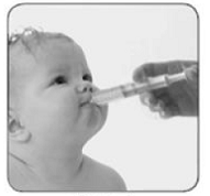 Place the tip of the oral syringe into your childâ€™s mouth and point the oral syringe towards either cheek - Illustration