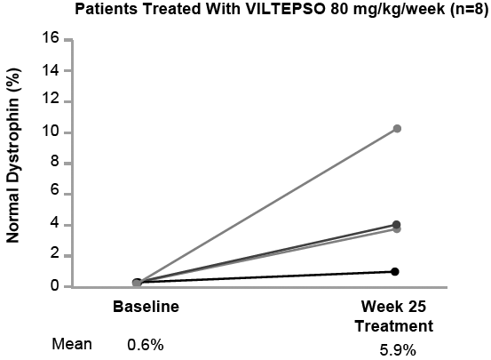 Dystrophin Expression in Individual Patients
(Study 1) Patients Treated With VILTEPSO 80 mg/kg/week (n=8) - Illustration