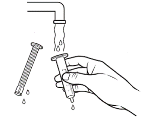 Rinse the barrel and plunger in warm running water to help ensure that all of the medicine has been removed from the oral syringe - Illustration