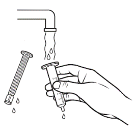 Disassemble the oral syringe, and rinse the barrel and plunger again with warm water - Illustration