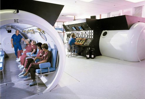 During hyperbaric oxygen therapy (HBOT), the patient breathes pure oxygen in a pressurized chamber or room.