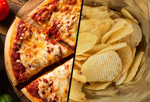 Does cheese pizza or potato chips have more saturated fat?