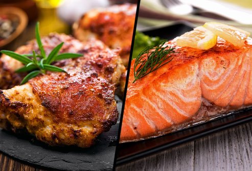 Are chicken thighs or salmon filets lower in saturated fat?
