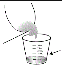 Pour 5 mL of either milk or infant formula into the 30mL medicine cup. - Illustration
