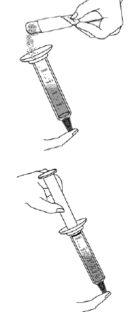 Pour the measured amount of XURIDEN granules into the syringe barrel, and put the plunger back in - Illustration