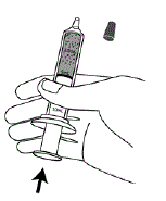 Turn the syringe so the syringe tip is pointing up, then remove the syringe cap, and push up on the plunger until the plunger reaches the 5mL line on the syringe - Illustration