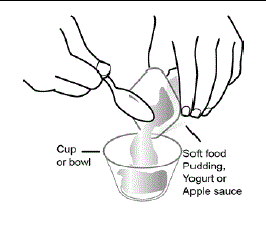 Place 3 to 4 ounces of soft food such as applesauce, pudding, or yogurt in the small clean cup or bowl - Illustration