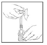 Connect a sterile 10 milliliter or larger luer lock
syringe to the vial adapter - Illustration