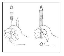 Reconstitute the XYNTHA SOLOFUSE using the
instructions included with the product kit, remembering to remove most, but not
all, of the air from the syringe - Illustration