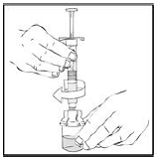 After removing the protective blue vented cap, connect the XYNTHA SOLOFUSE to the vial adapter by inserting the tip into the adapter opening
while firmly pushing and turning the syringe clockwise until secured - Illustration