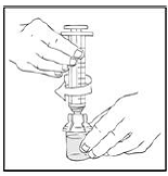 Connect a sterile 10 milliliter or larger luer lock syringe to the vial adapter. You may want to inject some air into the vial to make withdrawing the vial
contents easier - Illustration