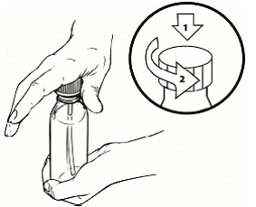 Open both pharmacy containers by holding the tab under the cap and turning counterclockwise (to the left). - Illustration