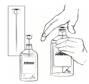 Remove the tamper evident band by pulling at the perforations and then remove the bottle cap from the XYREM bottle by pushing
down while turning the cap counterclockwise. - Illustration