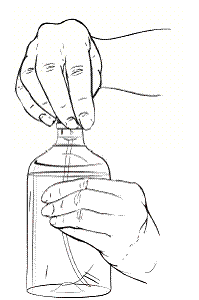 Place the XYREM bottle on a hard, flat surface and grip the bottle with one hand and firmly press the syringe into the center
opening of the bottle with the other hand. - Illustration