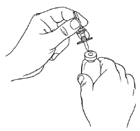 Place the Sterile Water for Injection vial on an even, clean surface and hold the vial tight. Take the transfer set together with the blister package and vertically pierce the Sterile Water for Injection vial with the blue tip of the transfer set - Illustration