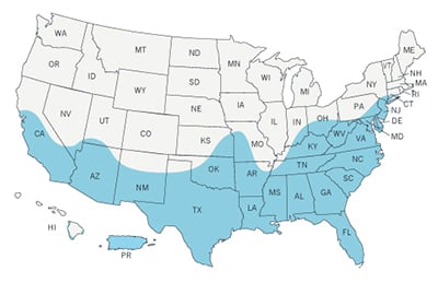 Picture of a CDC map of the estimated range of Aedes aegypti in the U.S. in 2016; SOURCE: CDC.