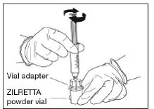 Attach the syringe onto the vial adapter by
pushing down and turning clockwise until you
feel resistance - Illustration