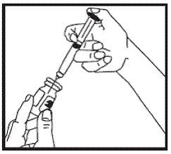Remove the needle cap from the syringe filled with liquid and insert the needle into the center of the rubber stopper on the growth hormone vial - Illustration