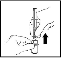 When all the liquid is in the growth hormone vial, remove the needle from the vial - Illustration