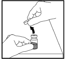 Remove the hard plastic cap from the top of the liquid vial by gently pushing up on the edge of the cap - Illustration