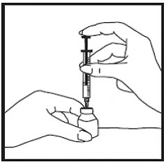 Insert the needle into the liquid vial through the center of the clean rubber stopper. Push down on the
	plunger until all the air is released into the vial - Illustration