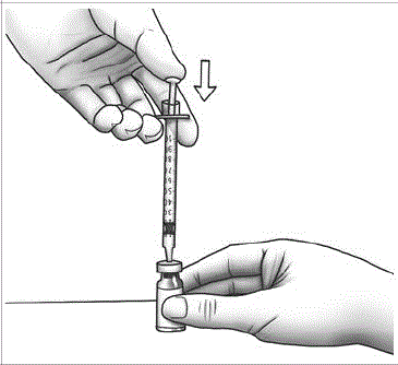 Slowly push the plunger all the way in
to inject air into the Zorbtive® vial - Illustration