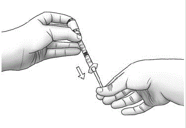 With the needle tip still in the
liquid, slowly pull the plunger back
until the top of the plunger reaches the
line for your prescribed dose - Illustration