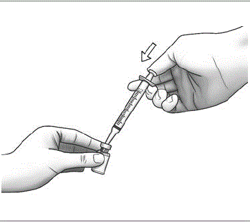 Point the needle tip toward the side
of the Zorbtive<sup>®</sup> vial and then
slowly push the plunger all the way
in to inject the diluent into the
Zorbtive<sup>®</sup> vial - Illustration