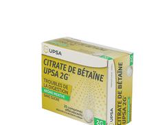 Citrate de betaine upsa 2 g menthe sans sucre, comprimé effervescent édulcoré à la saccharine sodique, boîte de 2 tubes de 10